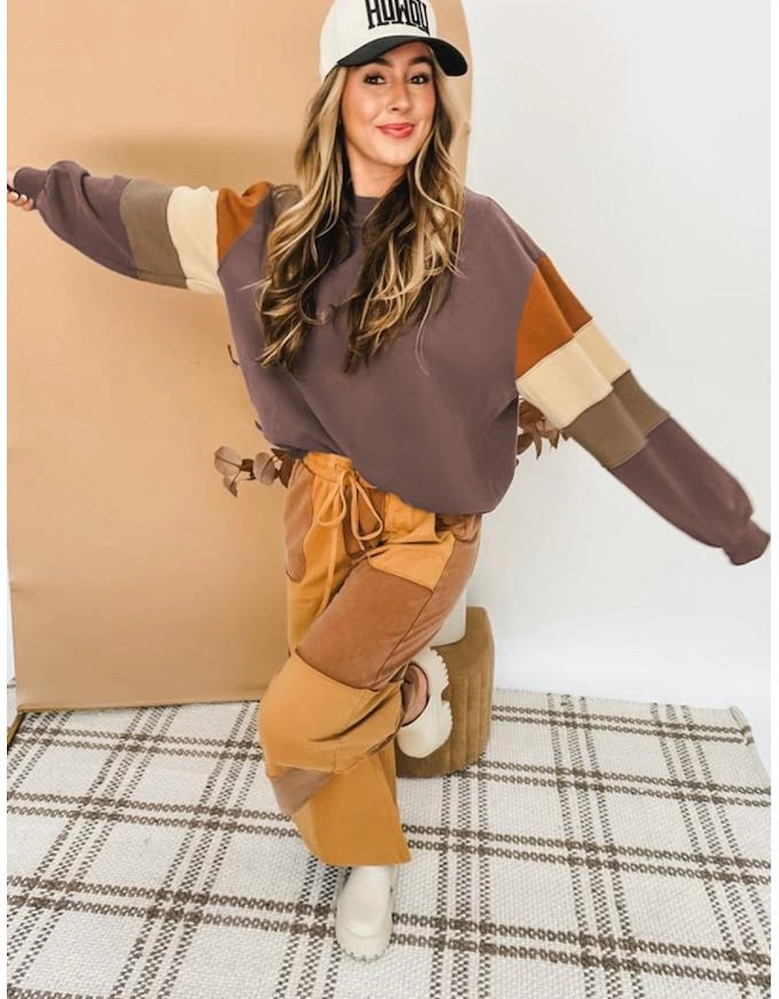 Dark Khaki Color Block Drop Shoulder Pullover Casual Sweatshirt