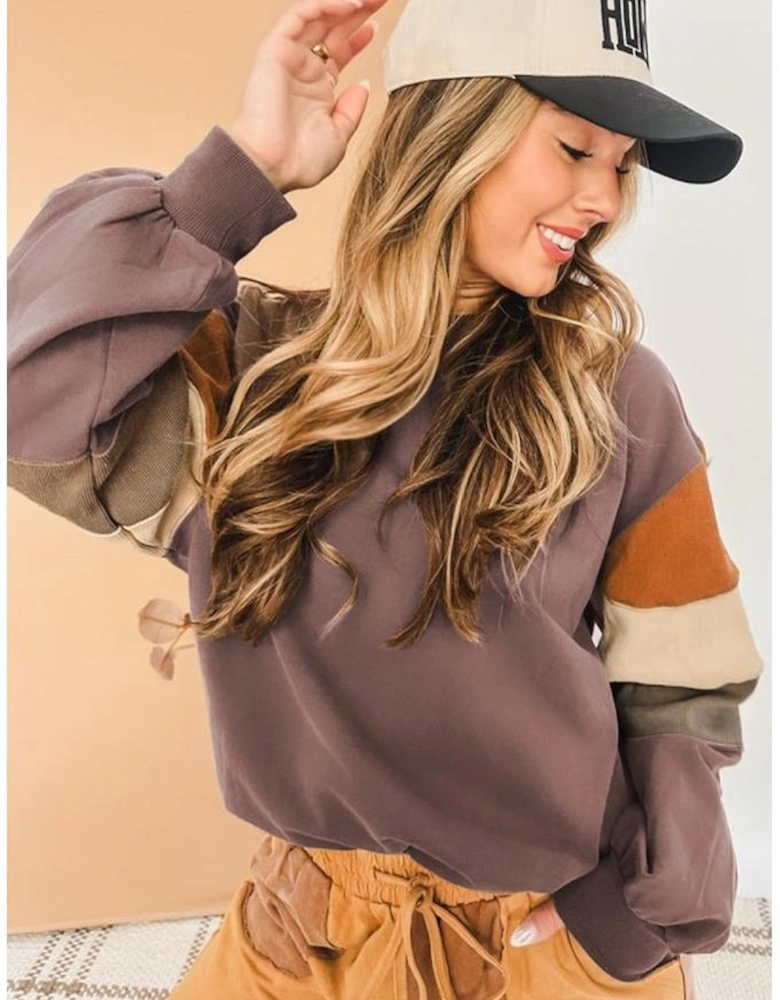 Dark Khaki Color Block Drop Shoulder Pullover Casual Sweatshirt