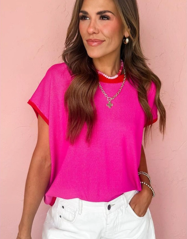 Rose Red Contrast Trim Round Neck Short Sleeve Loose Knit Sweater