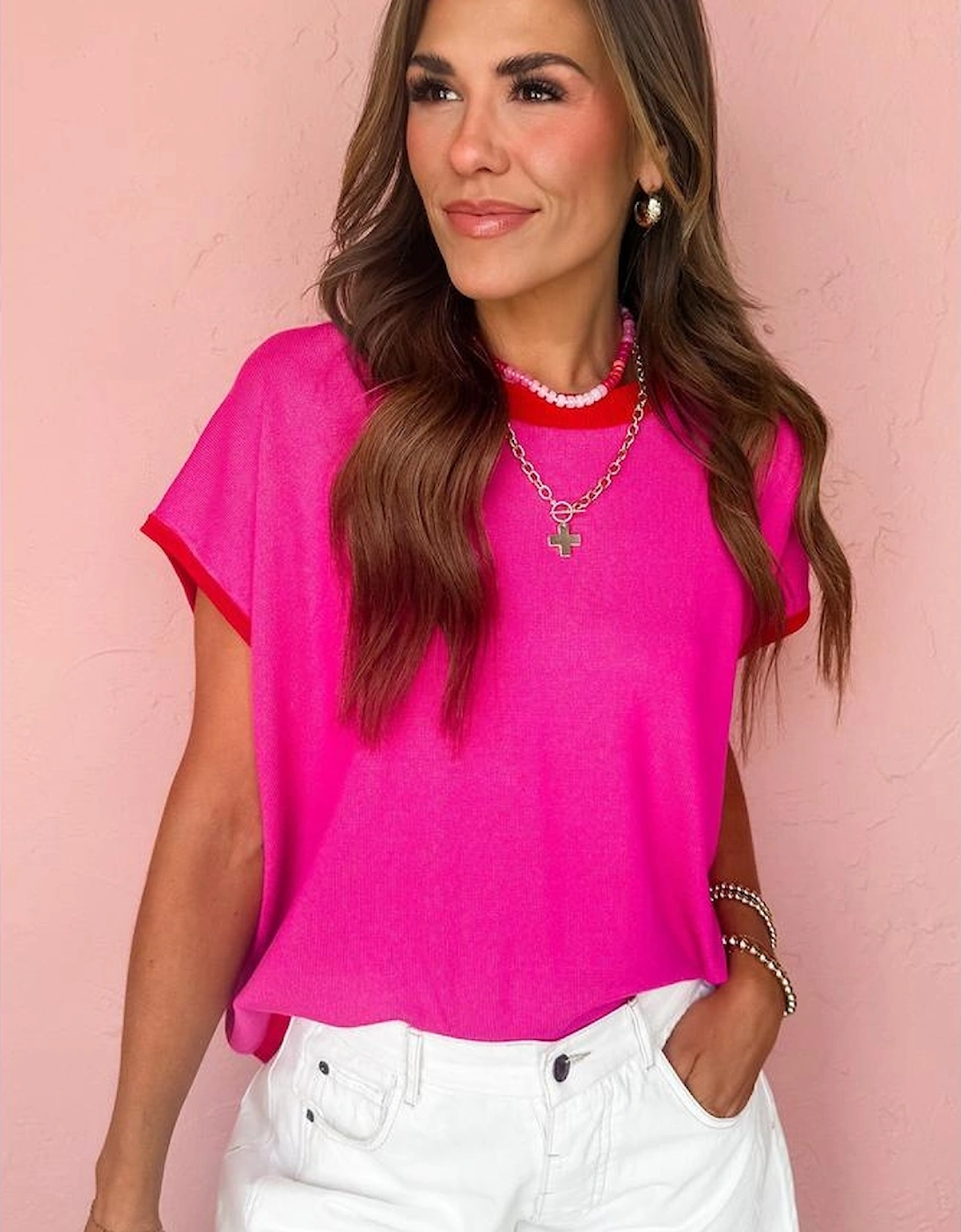 Rose Red Contrast Trim Round Neck Short Sleeve Loose Knit Sweater