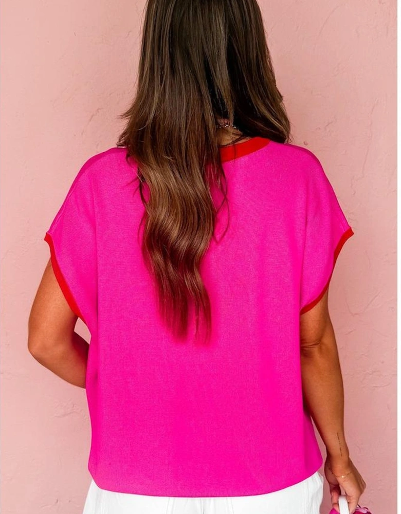 Rose Red Contrast Trim Round Neck Short Sleeve Loose Knit Sweater