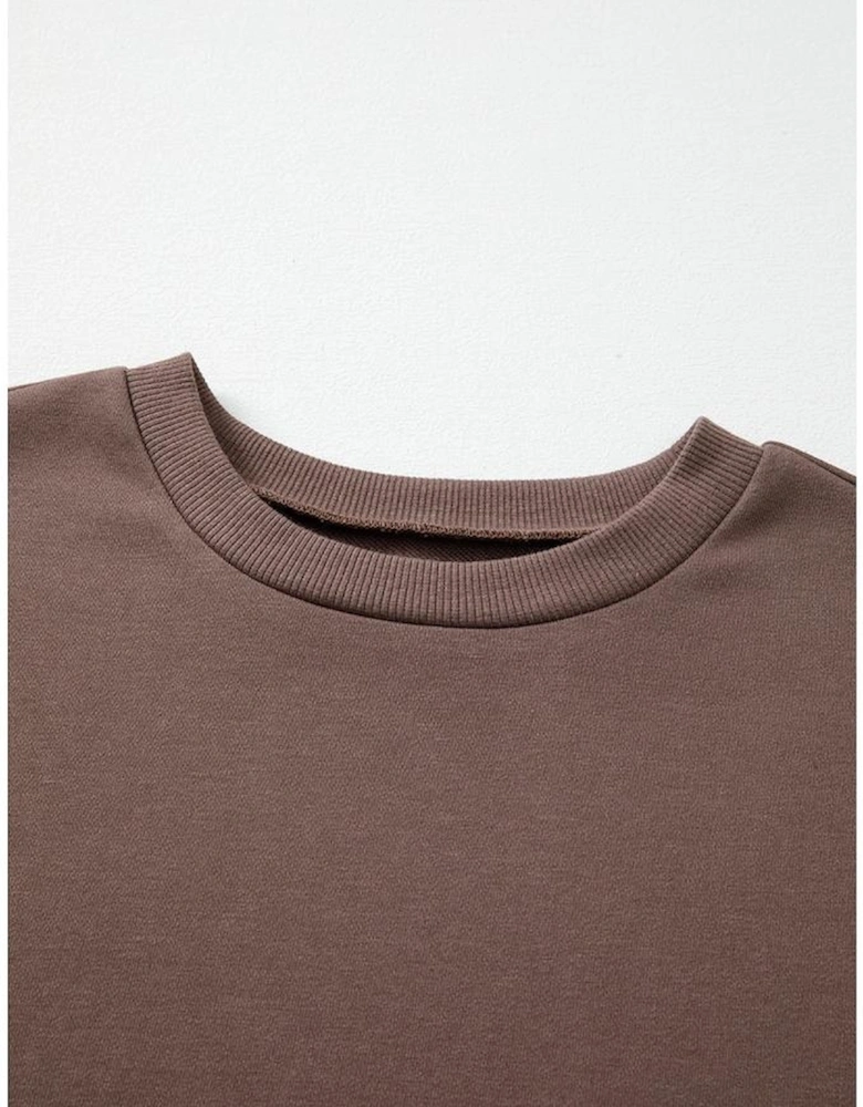 Dark Khaki Color Block Drop Shoulder Pullover Casual Sweatshirt