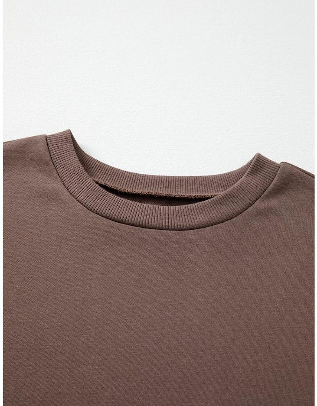 Dark Khaki Color Block Drop Shoulder Pullover Casual Sweatshirt