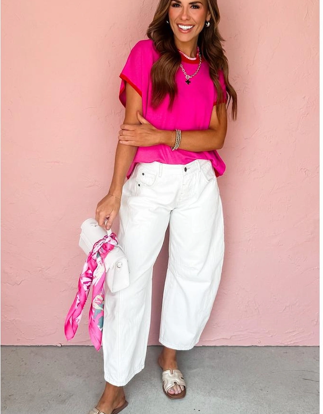 Rose Red Contrast Trim Round Neck Short Sleeve Loose Knit Sweater