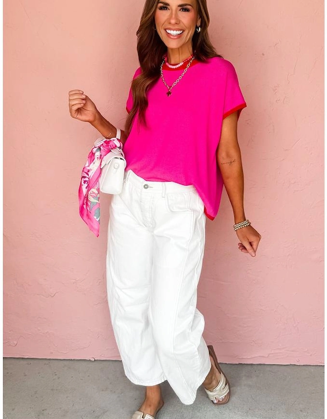 Rose Red Contrast Trim Round Neck Short Sleeve Loose Knit Sweater