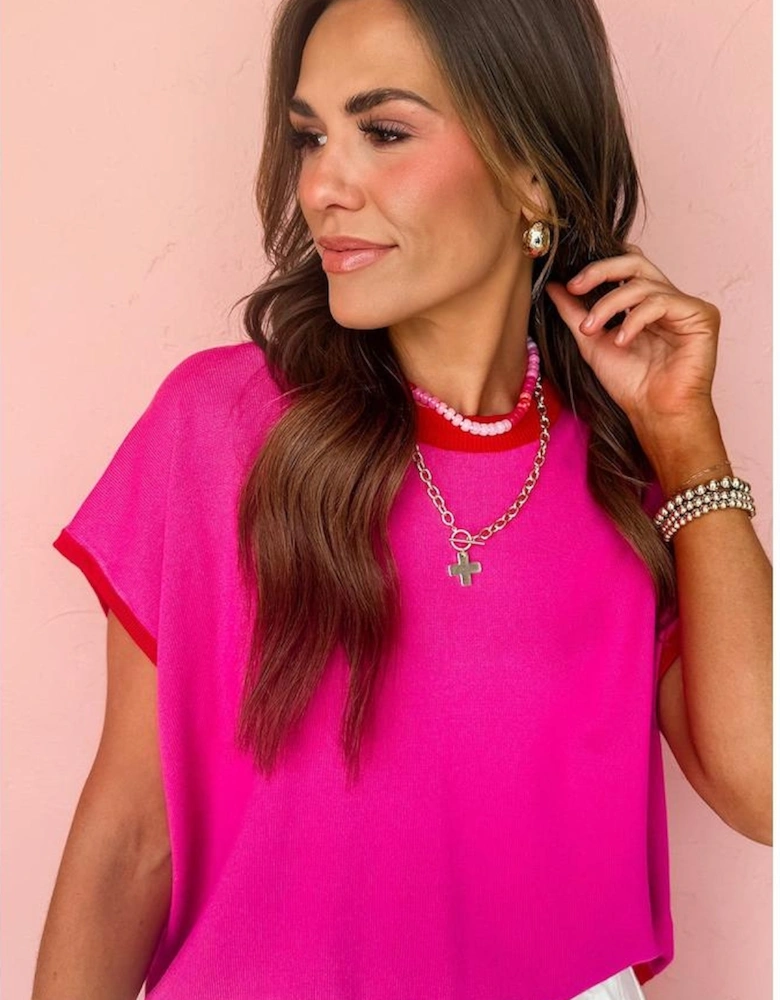 Rose Red Contrast Trim Round Neck Short Sleeve Loose Knit Sweater