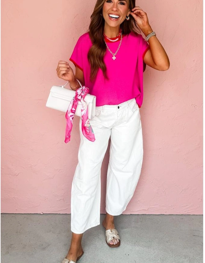 Rose Red Contrast Trim Round Neck Short Sleeve Loose Knit Sweater