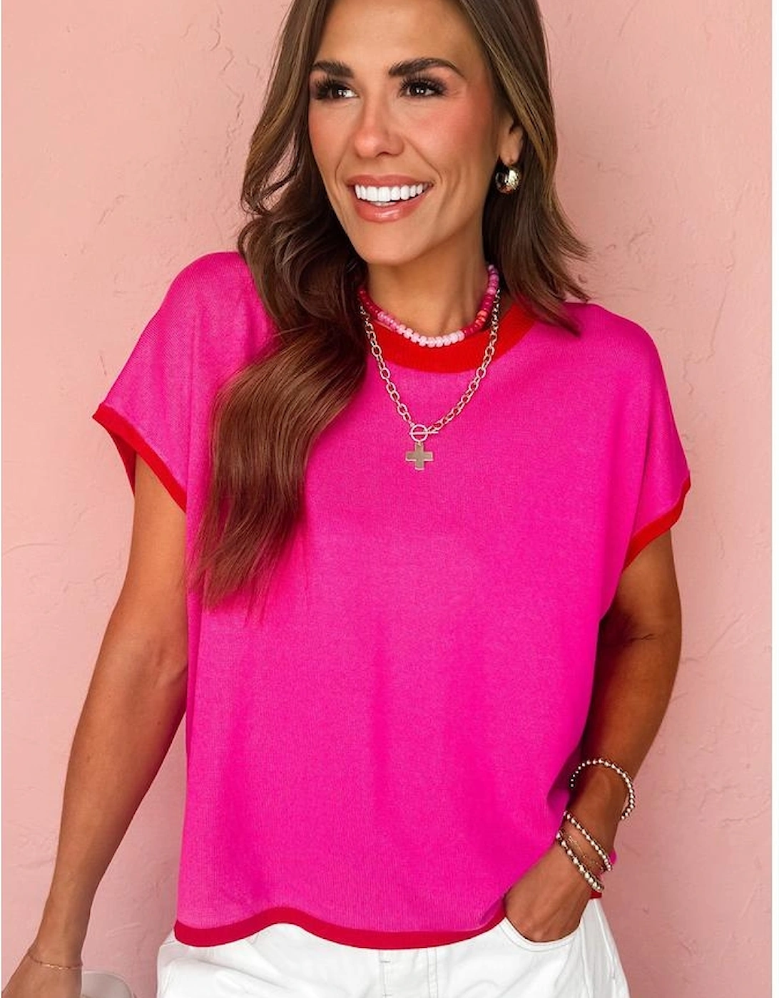 Rose Red Contrast Trim Round Neck Short Sleeve Loose Knit Sweater