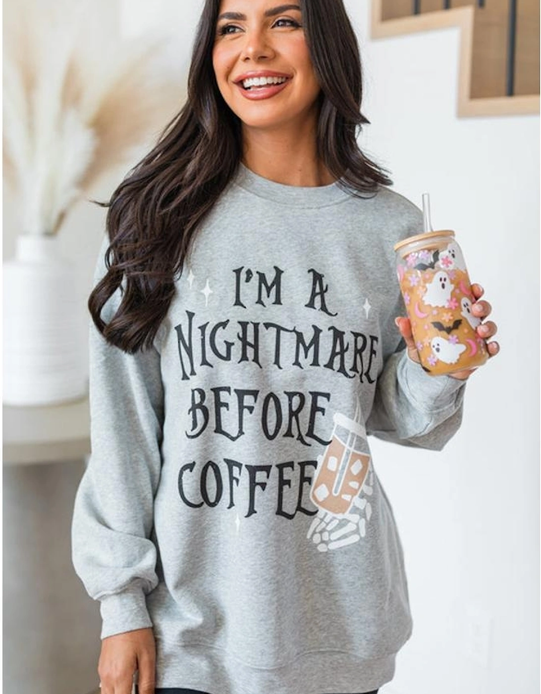 Gray I'M A NIGHTMARE BEFORE COFFEE Graphic Crewneck Sweatshirt