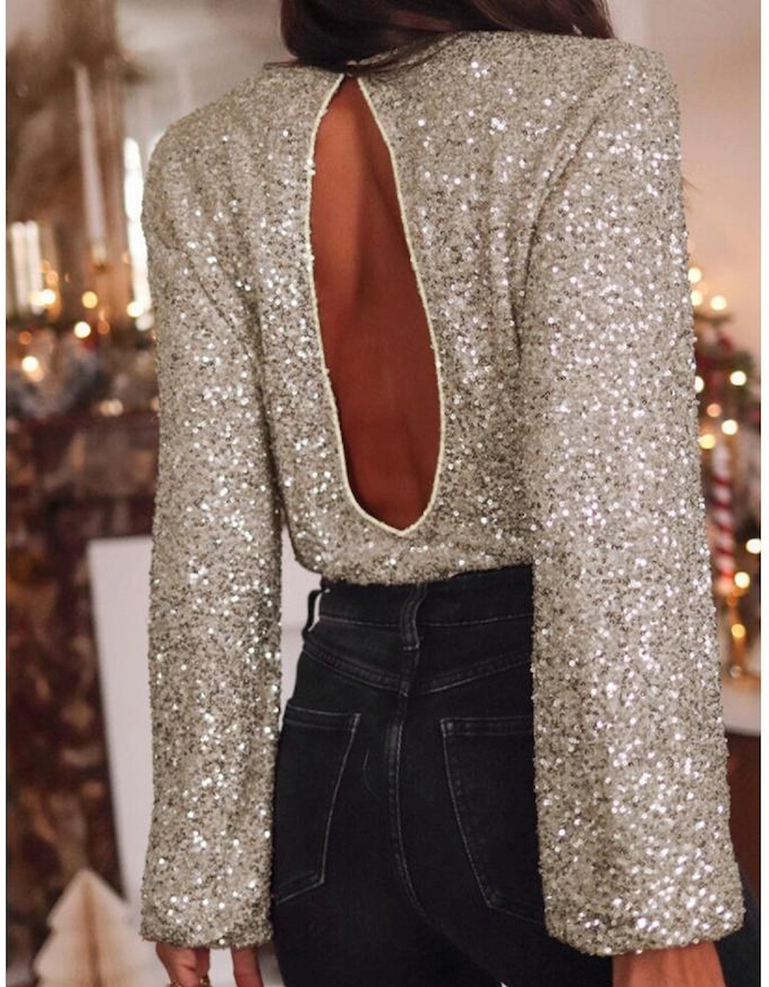 Silvery Sequin Puff Sleeve Cutout Back Blouse