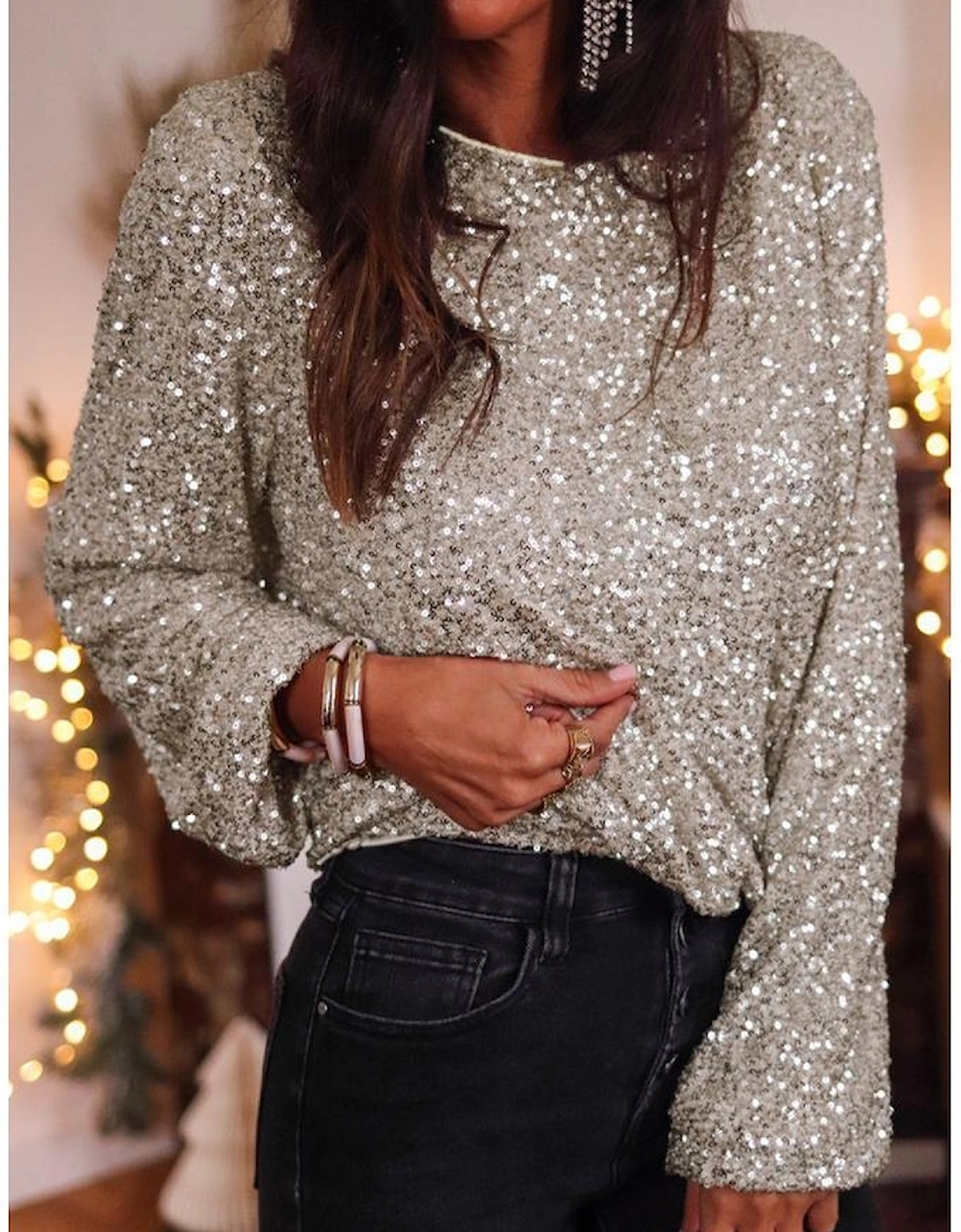Silvery Sequin Puff Sleeve Cutout Back Blouse