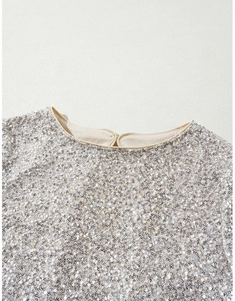 Silvery Sequin Puff Sleeve Cutout Back Blouse