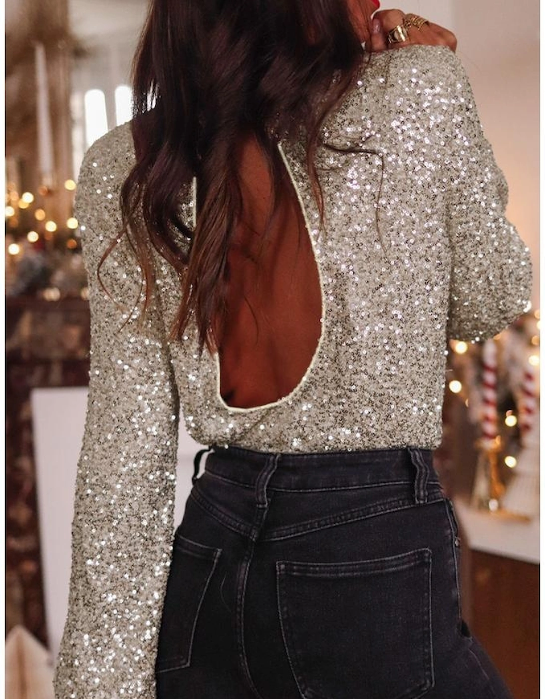 Silvery Sequin Puff Sleeve Cutout Back Blouse