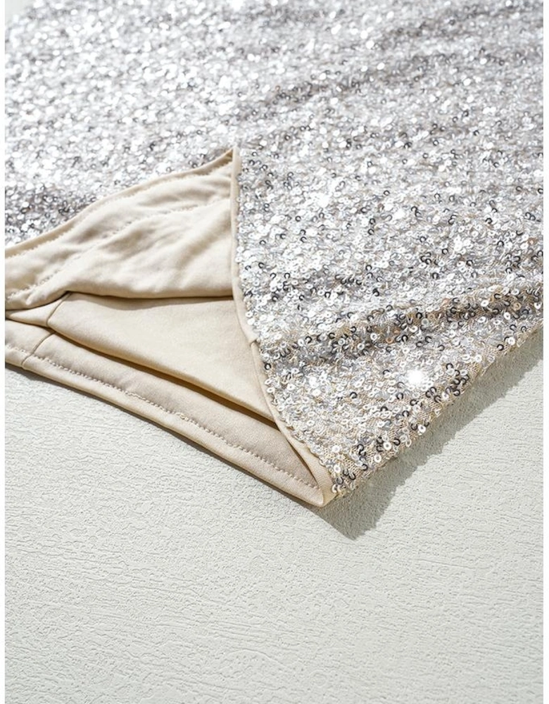 Silvery Sequin Puff Sleeve Cutout Back Blouse