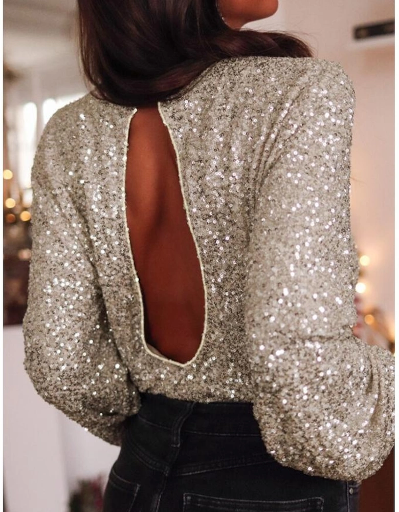 Silvery Sequin Puff Sleeve Cutout Back Blouse