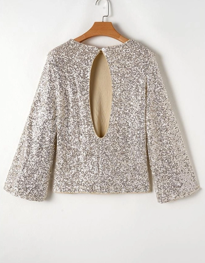 Silvery Sequin Puff Sleeve Cutout Back Blouse
