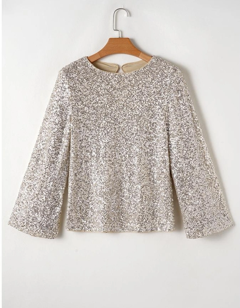 Silvery Sequin Puff Sleeve Cutout Back Blouse