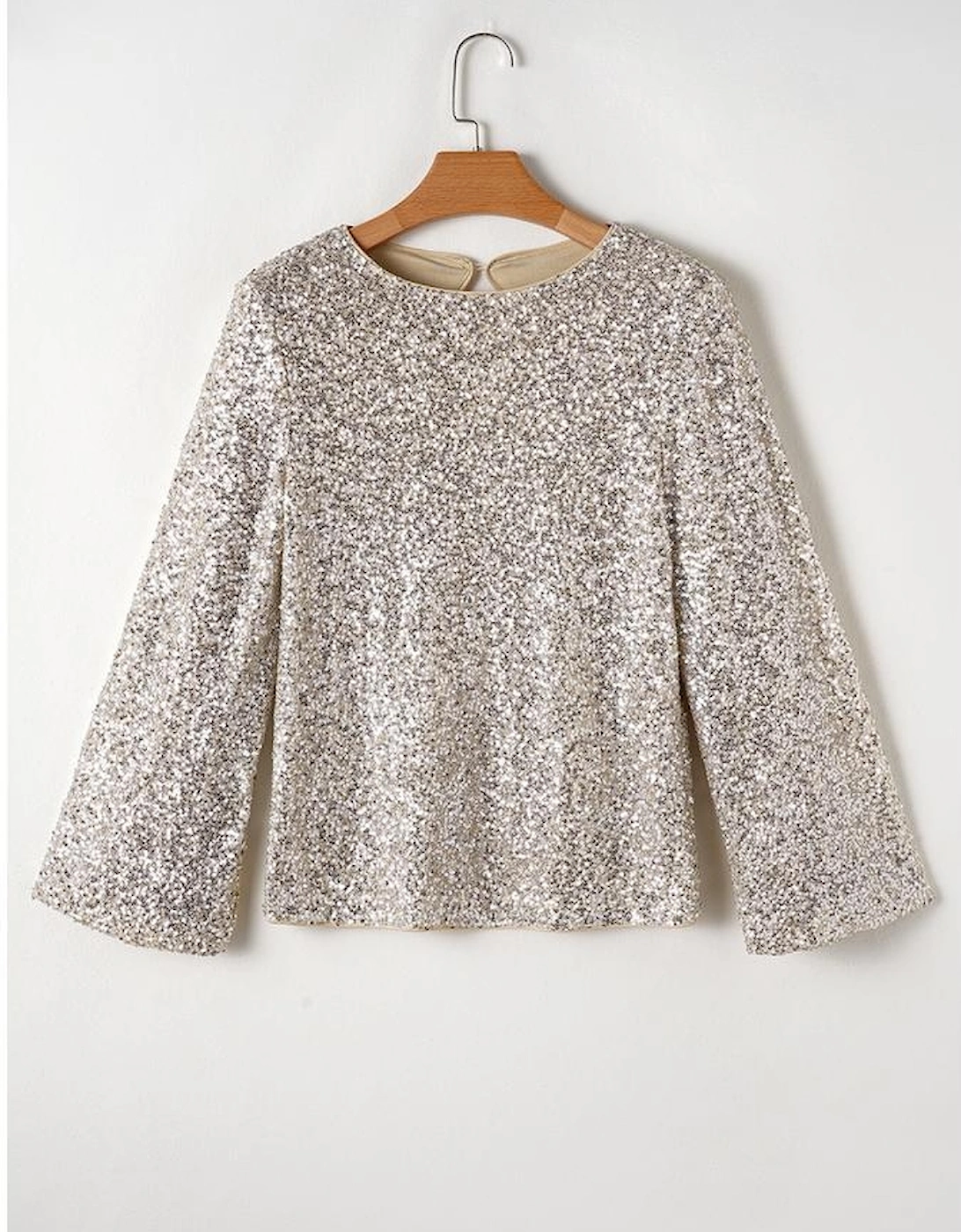 Silvery Sequin Puff Sleeve Cutout Back Blouse