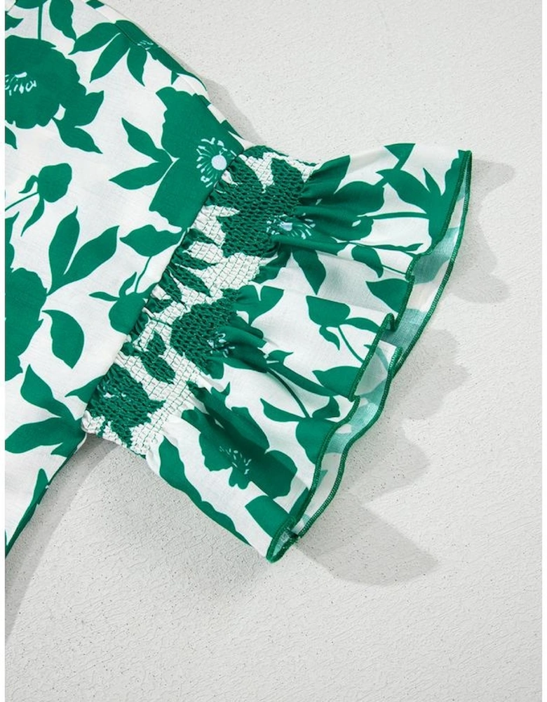 Green Floral Printed Ruffled Short Sleeve Round Neck Loose Blouse