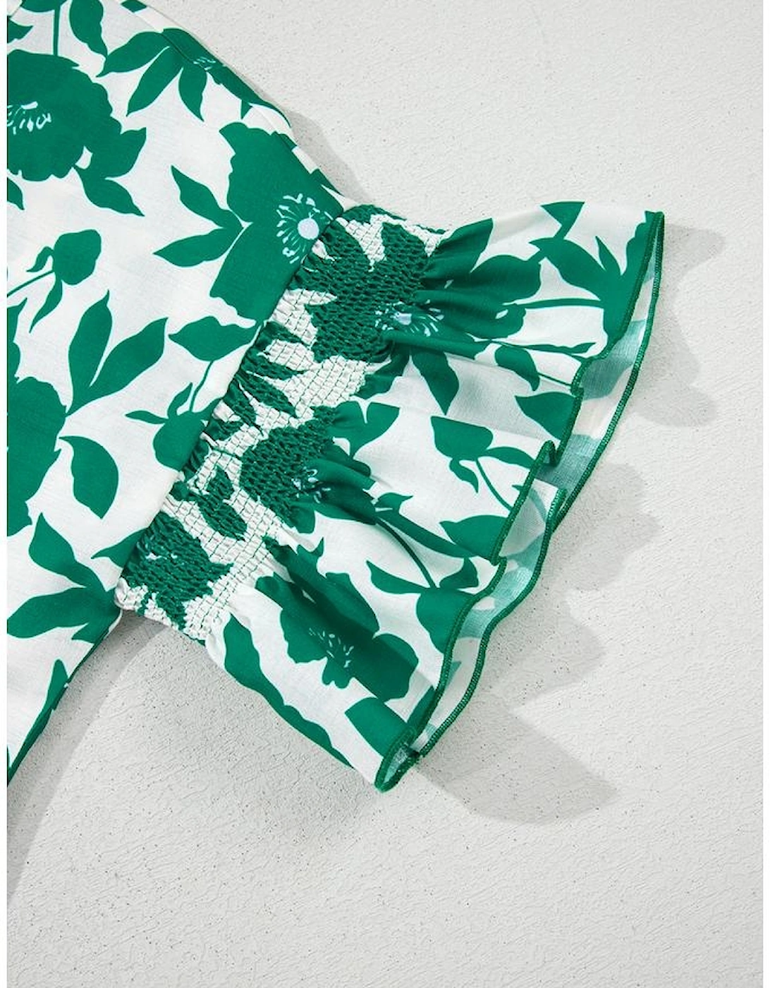 Green Floral Printed Ruffled Short Sleeve Round Neck Loose Blouse