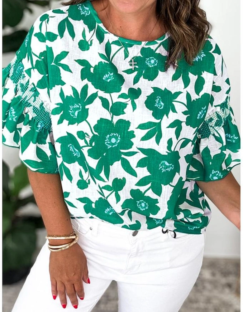 Green Floral Printed Ruffled Short Sleeve Round Neck Loose Blouse