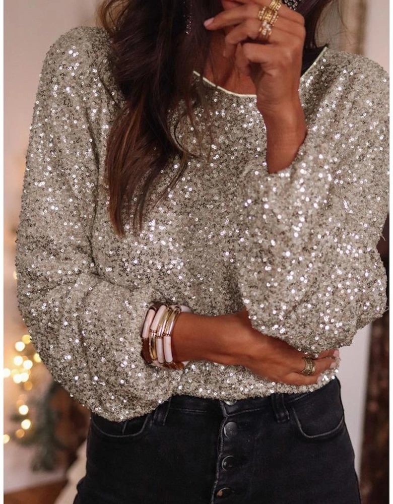 Silvery Sequin Puff Sleeve Cutout Back Blouse