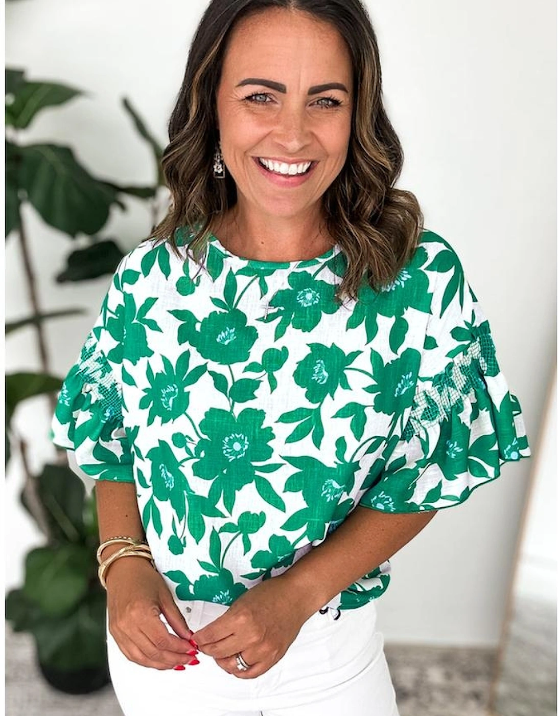 Green Floral Printed Ruffled Short Sleeve Round Neck Loose Blouse