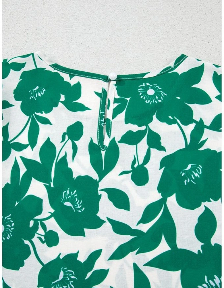 Green Floral Printed Ruffled Short Sleeve Round Neck Loose Blouse