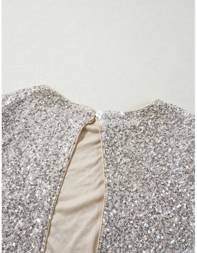 Silvery Sequin Puff Sleeve Cutout Back Blouse
