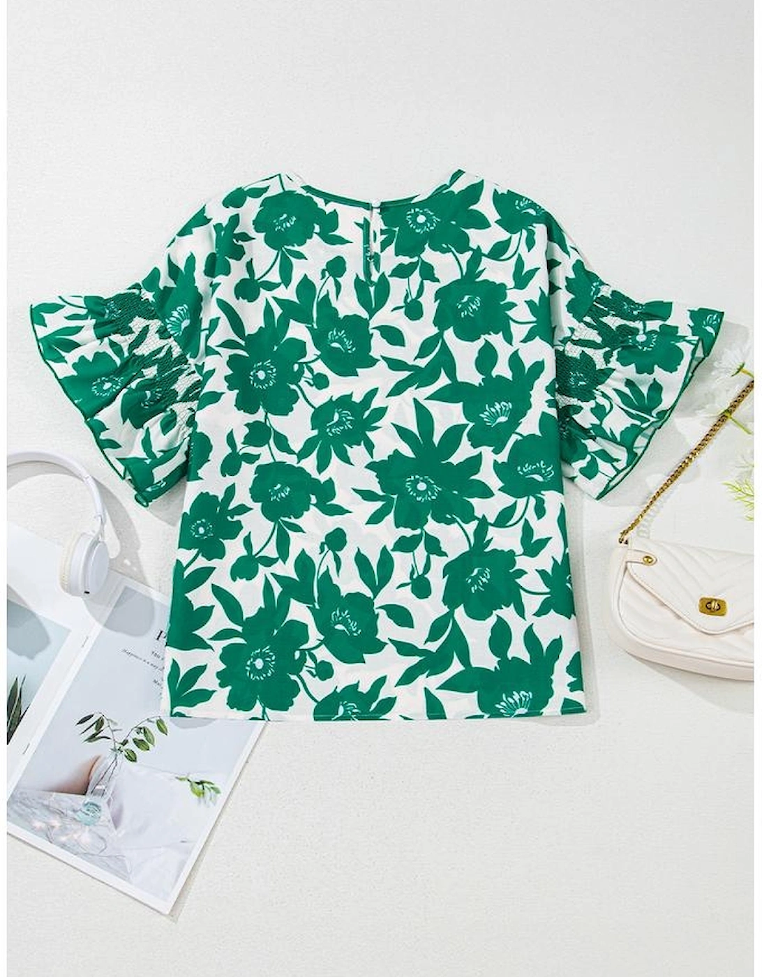 Green Floral Printed Ruffled Short Sleeve Round Neck Loose Blouse
