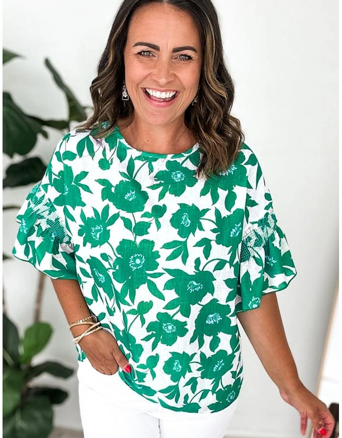 Green Floral Printed Ruffled Short Sleeve Round Neck Loose Blouse, 13 of 12