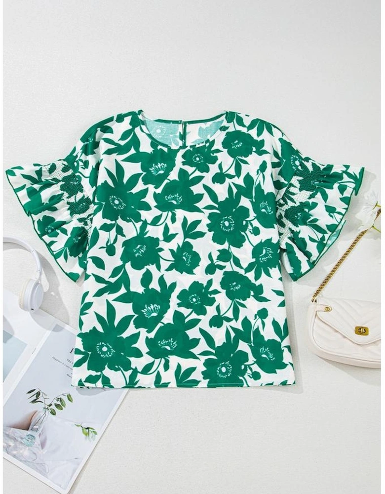 Green Floral Printed Ruffled Short Sleeve Round Neck Loose Blouse