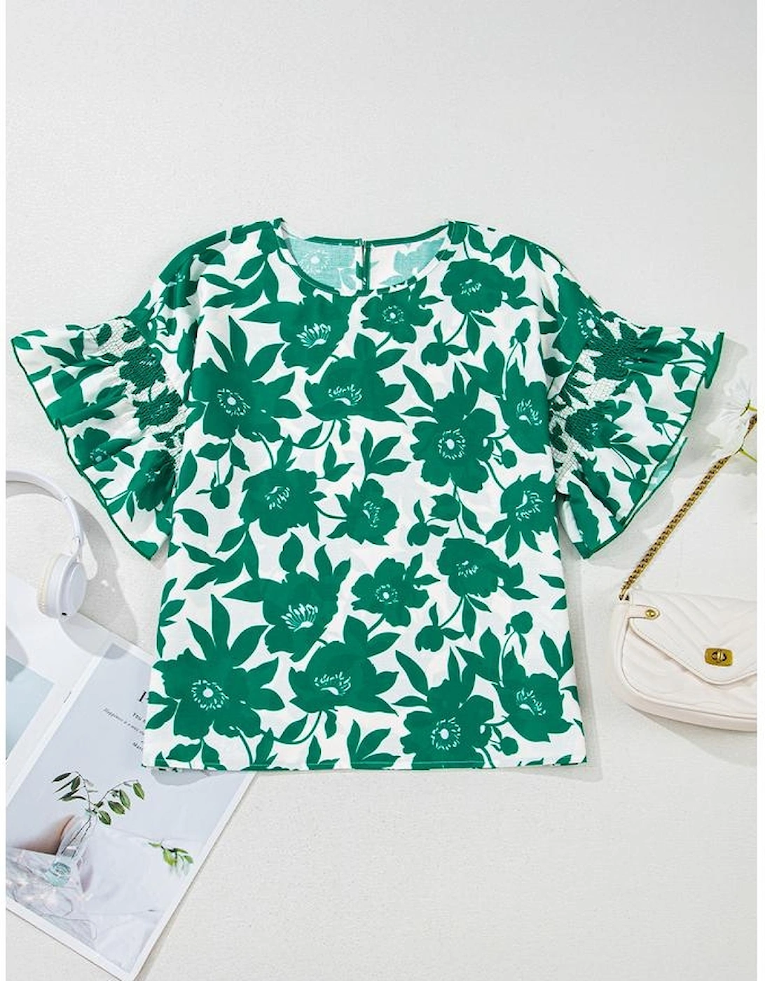 Green Floral Printed Ruffled Short Sleeve Round Neck Loose Blouse