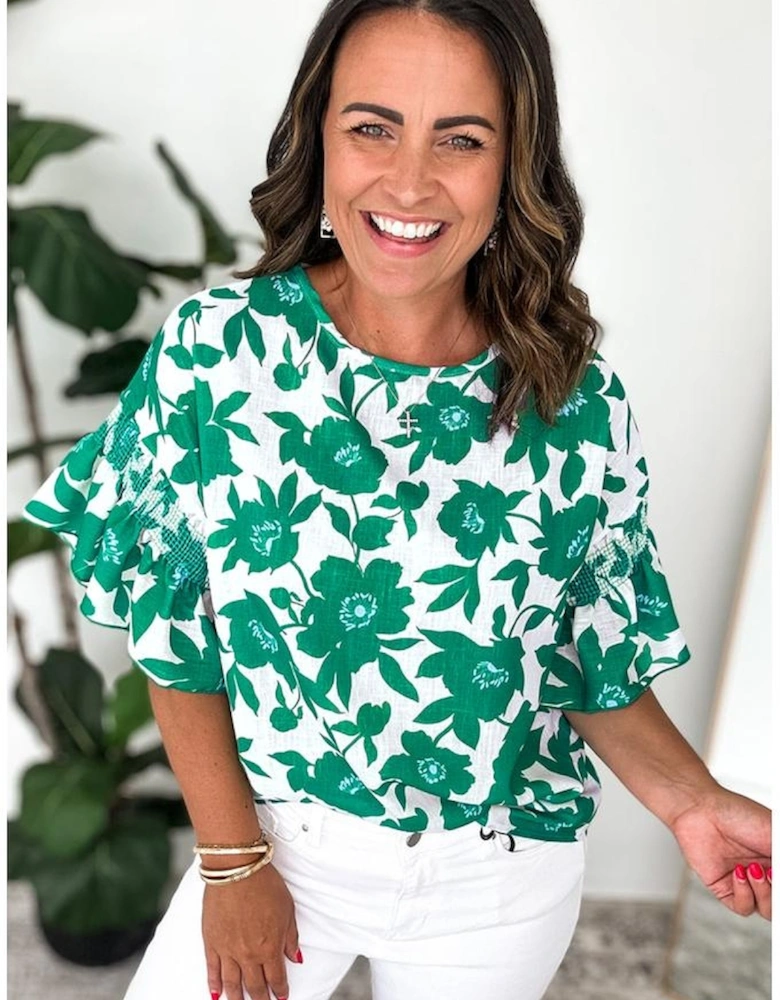 Green Floral Printed Ruffled Short Sleeve Round Neck Loose Blouse