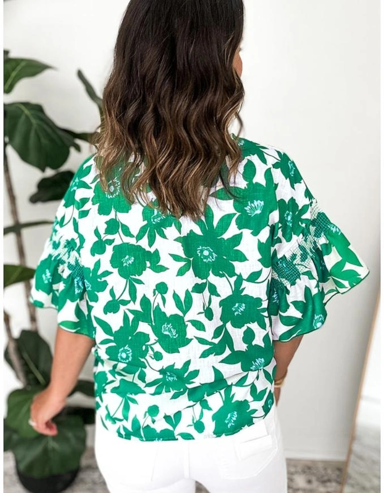 Green Floral Printed Ruffled Short Sleeve Round Neck Loose Blouse