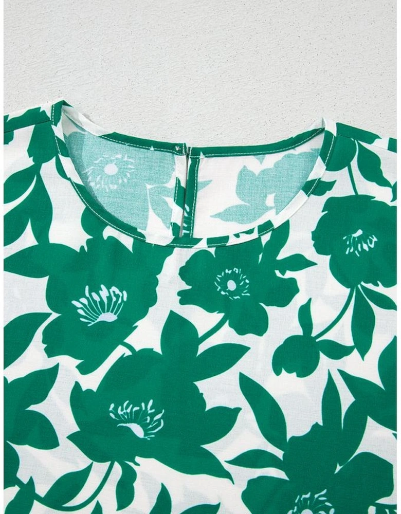 Green Floral Printed Ruffled Short Sleeve Round Neck Loose Blouse