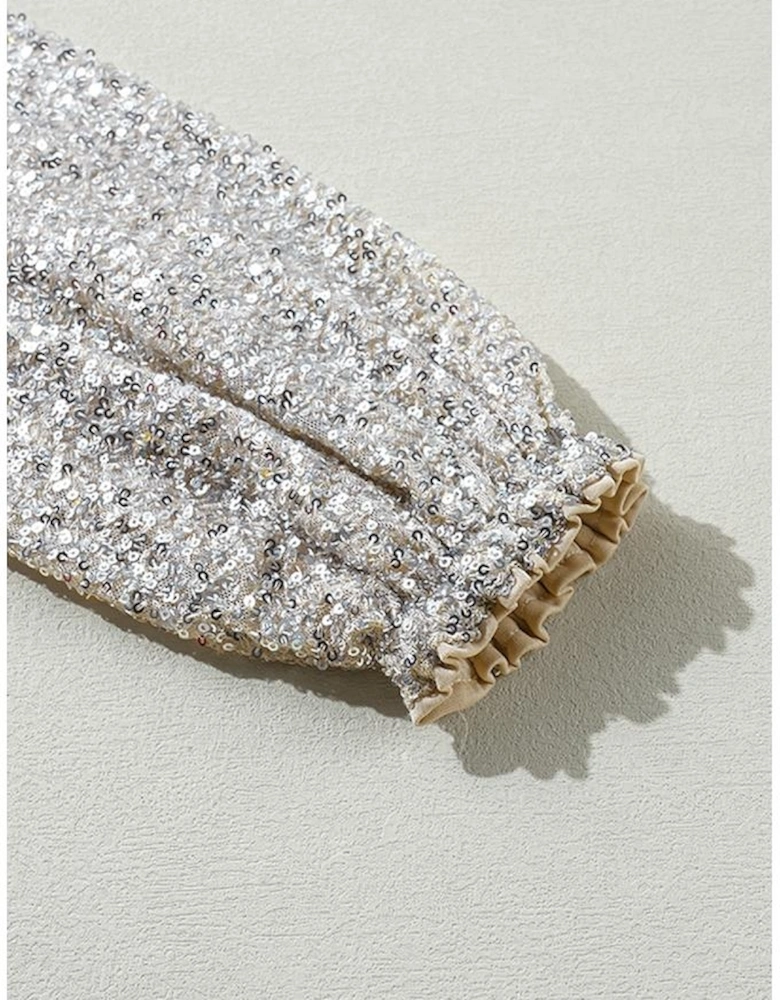 Silvery Sequin Puff Sleeve Cutout Back Blouse