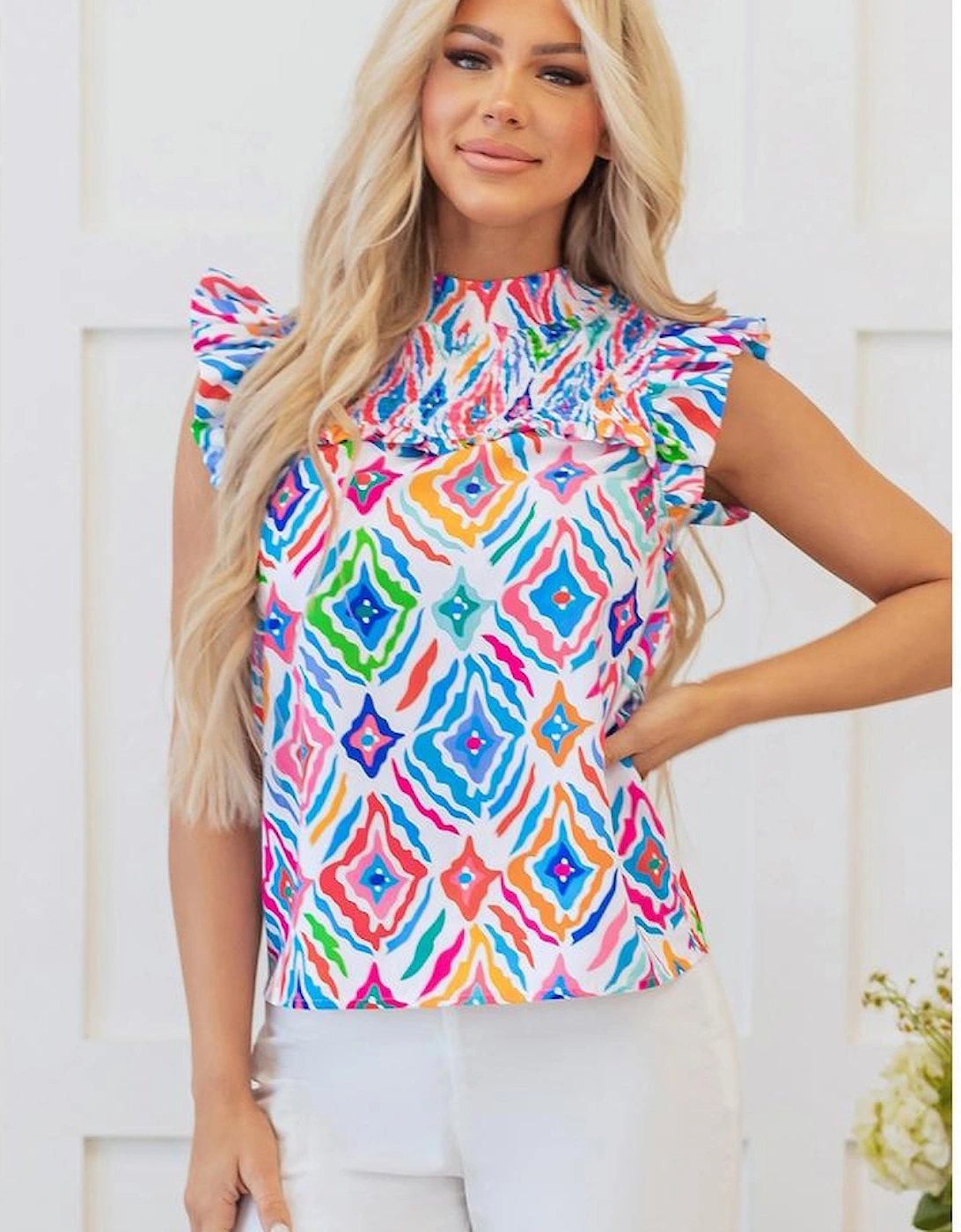 Light Blue Geometric Printed Flutter Sleeve Mock Neck Shirred Blouse