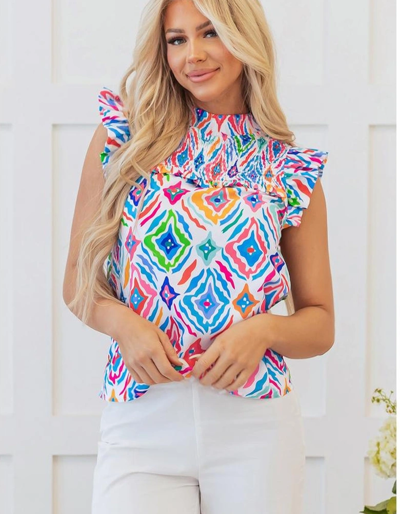 Light Blue Geometric Printed Flutter Sleeve Mock Neck Shirred Blouse