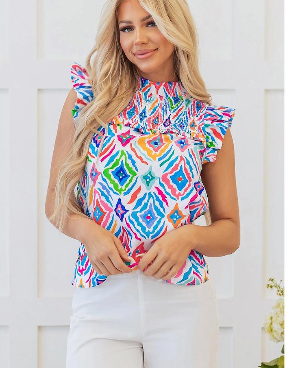 Light Blue Geometric Printed Flutter Sleeve Mock Neck Shirred Blouse