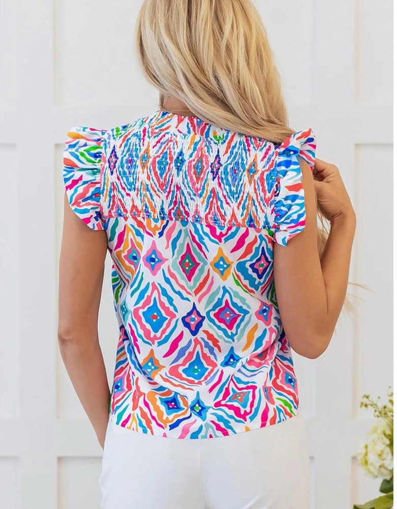 Light Blue Geometric Printed Flutter Sleeve Mock Neck Shirred Blouse