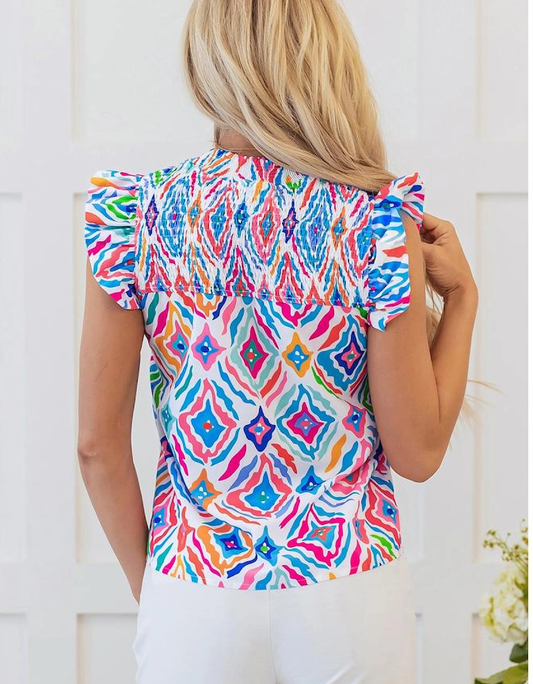 Light Blue Geometric Printed Flutter Sleeve Mock Neck Shirred Blouse, 16 of 15