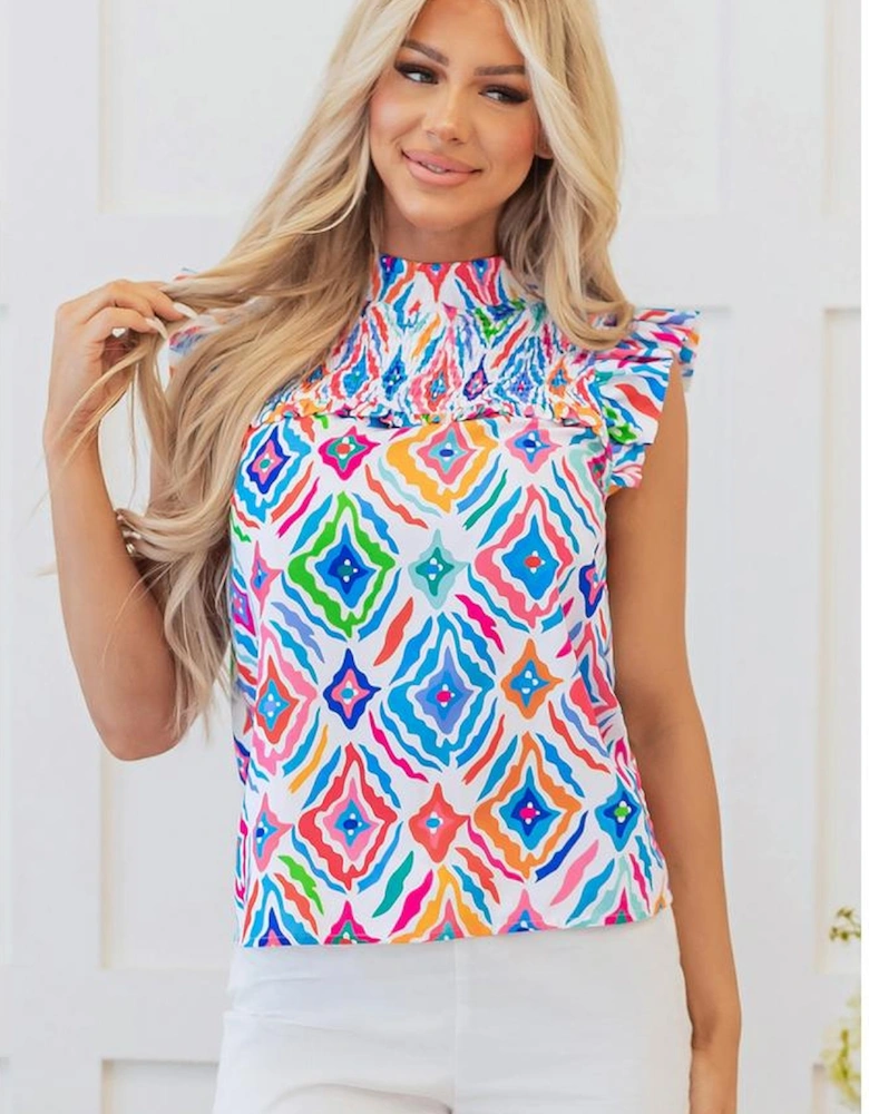 Light Blue Geometric Printed Flutter Sleeve Mock Neck Shirred Blouse