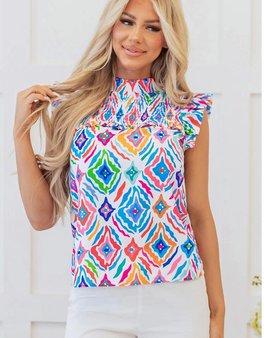 Light Blue Geometric Printed Flutter Sleeve Mock Neck Shirred Blouse