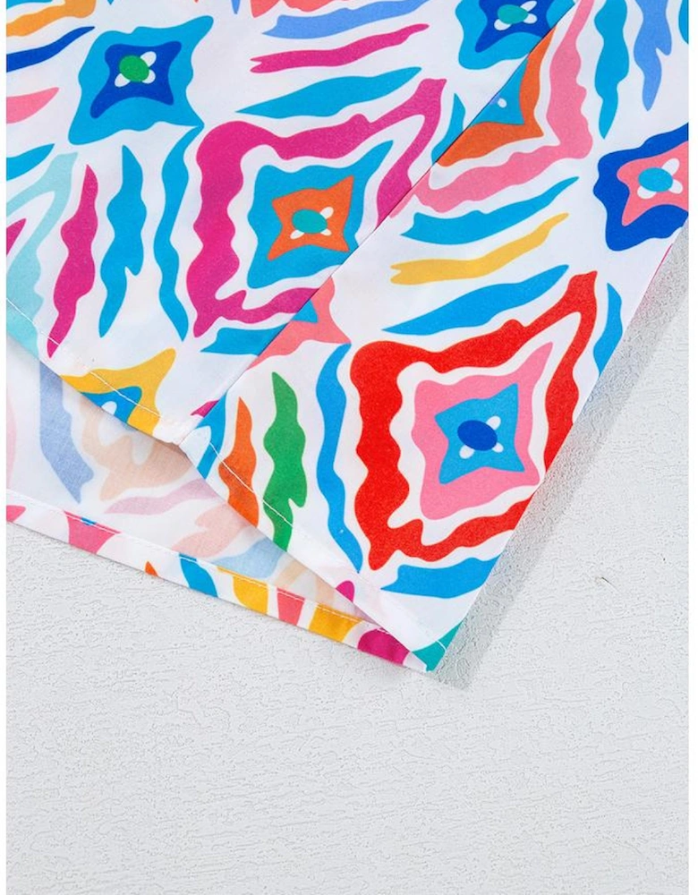 Light Blue Geometric Printed Flutter Sleeve Mock Neck Shirred Blouse