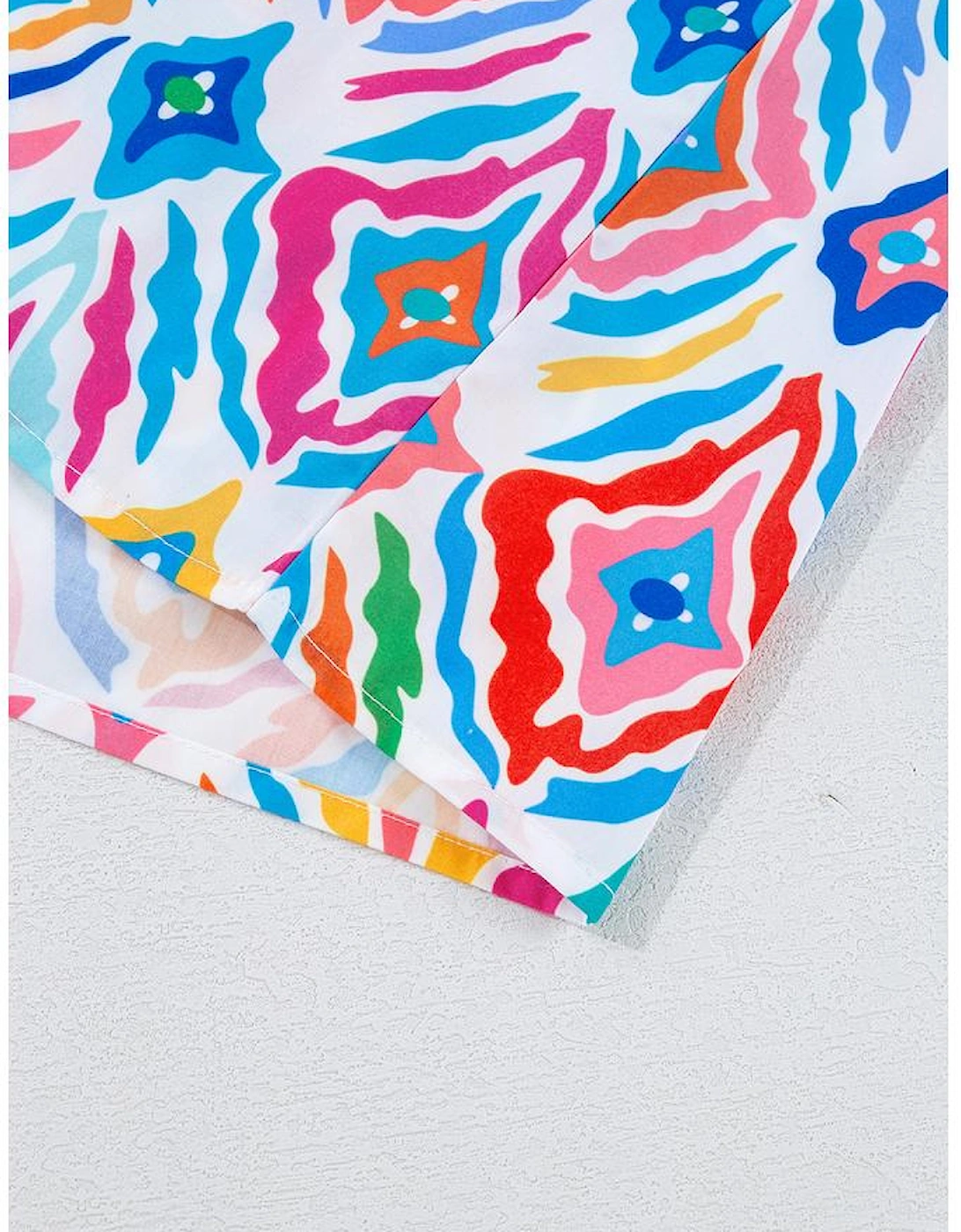 Light Blue Geometric Printed Flutter Sleeve Mock Neck Shirred Blouse