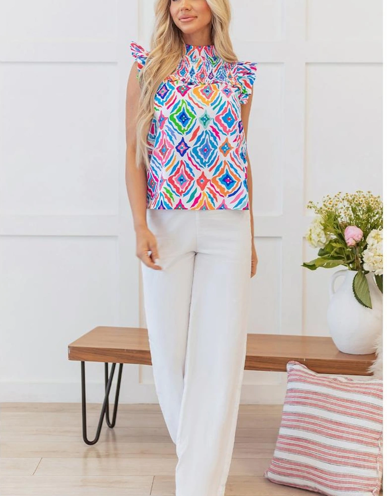 Light Blue Geometric Printed Flutter Sleeve Mock Neck Shirred Blouse