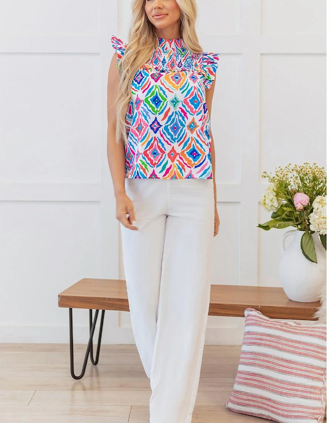 Light Blue Geometric Printed Flutter Sleeve Mock Neck Shirred Blouse