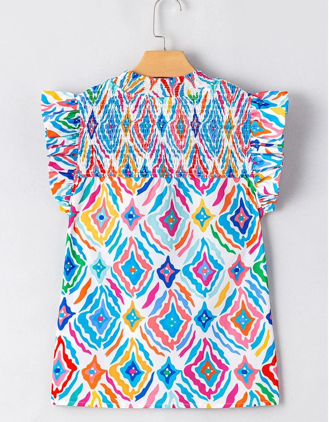 Light Blue Geometric Printed Flutter Sleeve Mock Neck Shirred Blouse