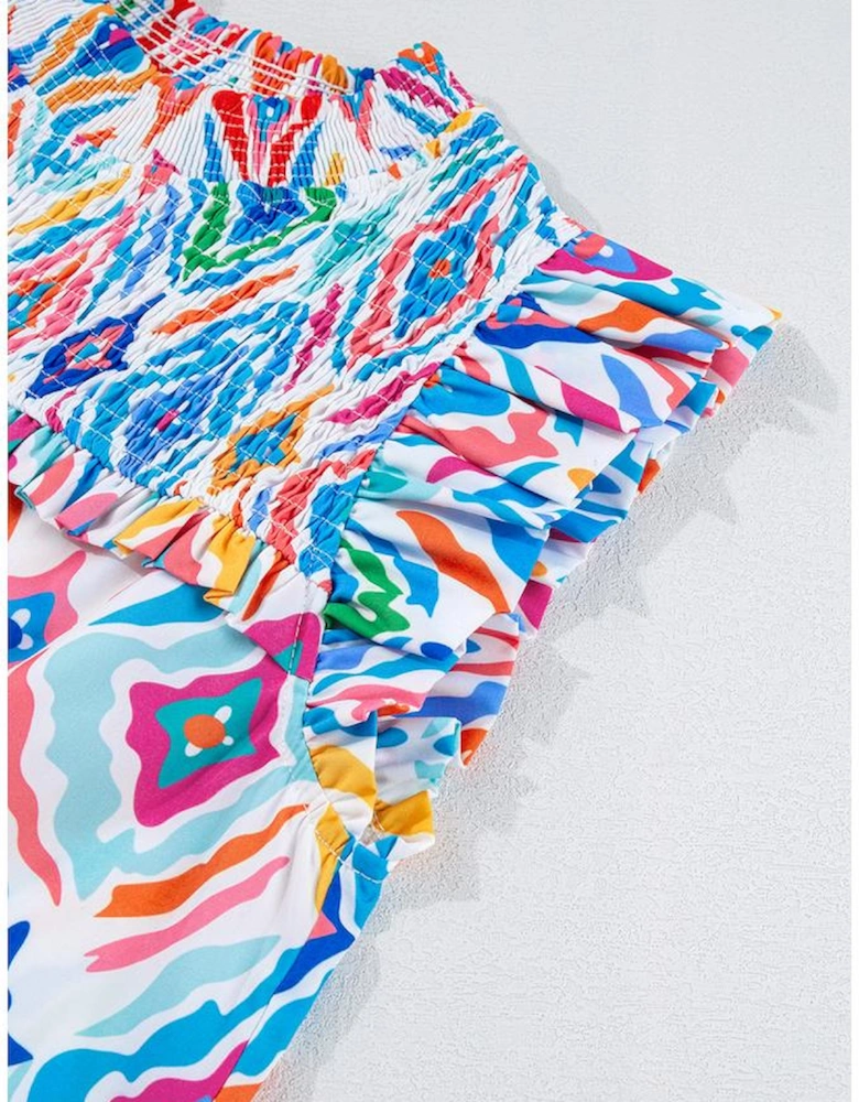 Light Blue Geometric Printed Flutter Sleeve Mock Neck Shirred Blouse